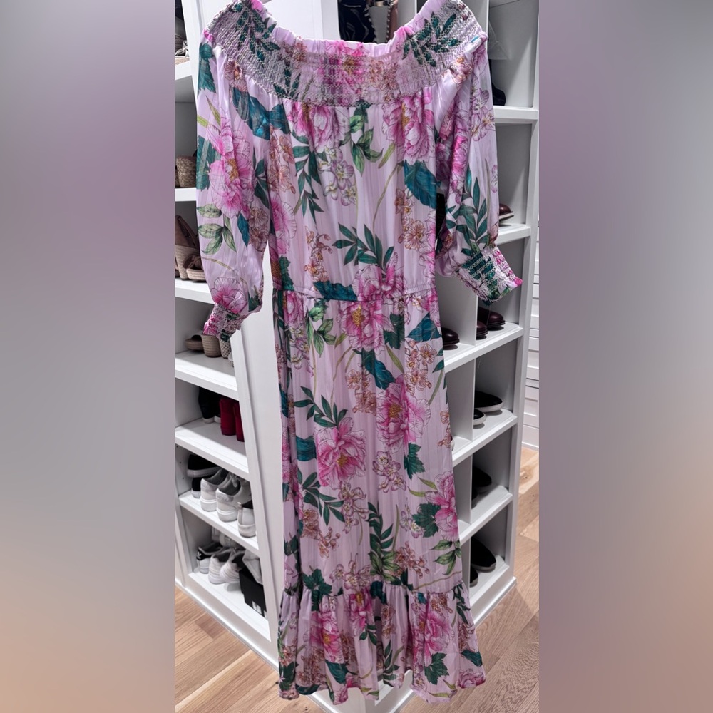 Boston Proper Pink Floral Off-Shoulder Long Sleeve Maxi Dress